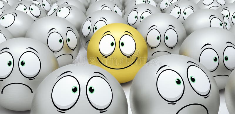 Caras felizes e tristes do smiley na multidão 3d para render ilustração stock Caras felizes e tristes do smiley na multidão 3d para render ilustração stock