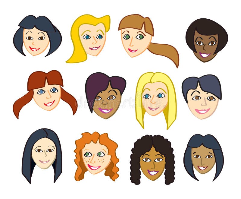 Caras femeninas felices ilustración del vector Caras femeninas felices ilustración del vector