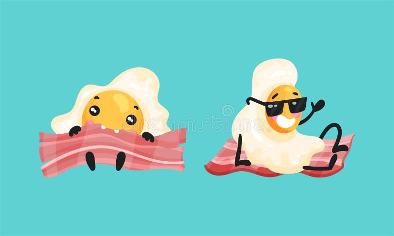 bacon feliz fofo e engraçado e ovos fritos. vector personagens de