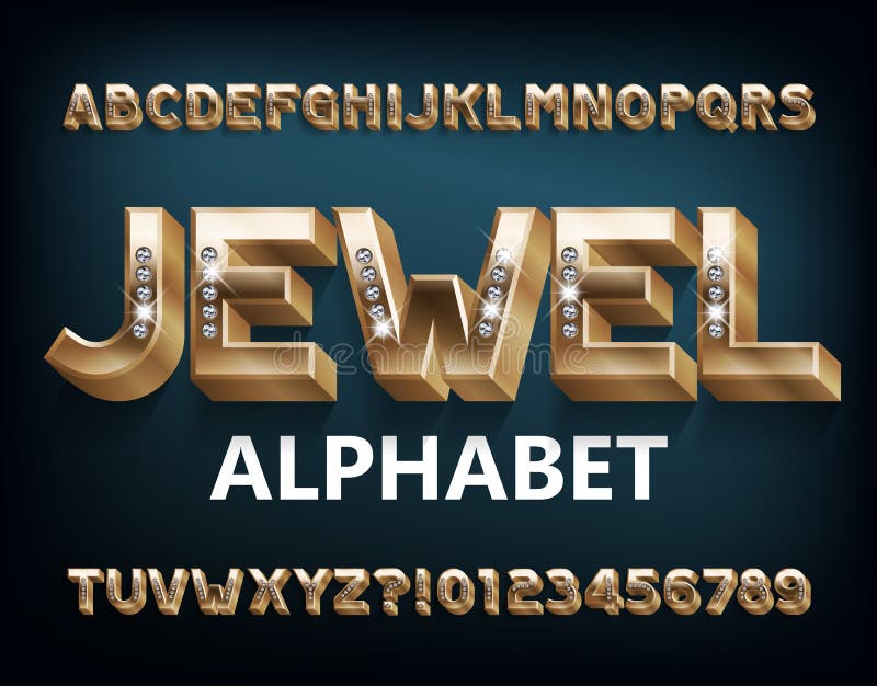 Carattere alfabeto di gioielli 3d lettere di metallo d'oro e numeri con diamanti.