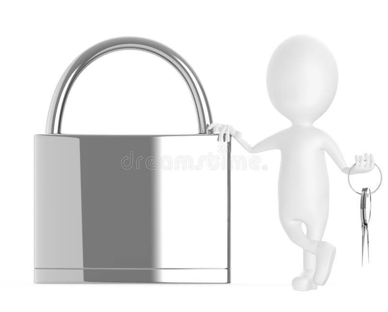 Carattere bianco 3d appoggiato alla mano su una serratura e con le chiavi sull'altra mano royalty illustrazione gratis