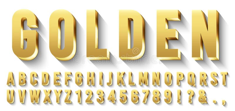 Carattere 3D aureo Lettere d'oro metalliche, caratteri di lusso e alfabeto d'oro con ombre