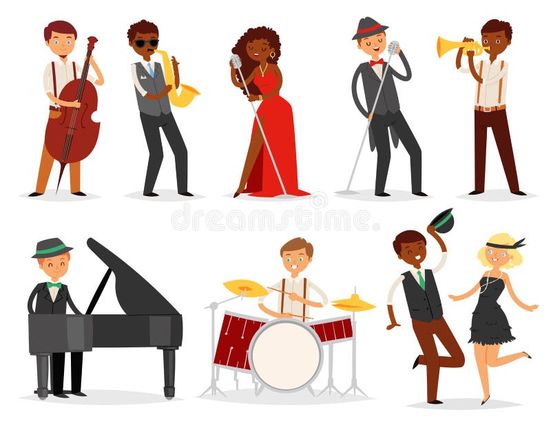 Carattere del musicista di vettore di jazz che gioca sui fusti del sassofono degli strumenti musicali e sull'insieme di musica de royalty illustrazione gratis