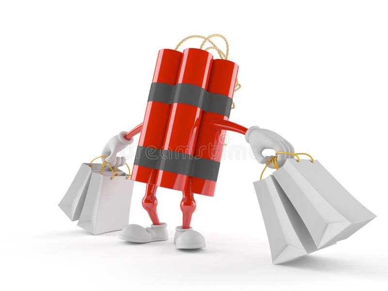 Carattere della dinamite che tiene i sacchetti della spesa royalty illustrazione gratis Carattere della dinamite che tiene i sacchetti della spesa royalty illustrazione gratis