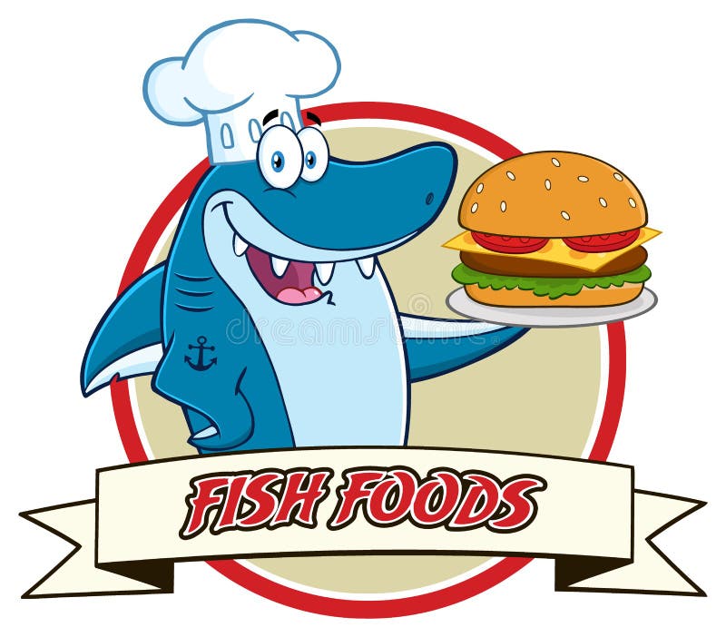 Carattere della mascotte di Blue Shark Cartoon del cuoco unico che tiene un grande hamburger sopra un'insegna del nastro illustrazione di stock Carattere della mascotte di Blue Shark Cartoon del cuoco unico che tiene un grande hamburger sopra un'insegna del nastro illustrazione di stock