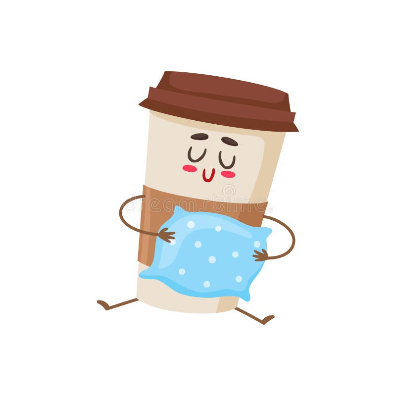 Carattere di carta sonnolento divertente della tazza di caffè con un cuscino illustrazione di stock Carattere di carta sonnolento divertente della tazza di caffè con un cuscino illustrazione di stock