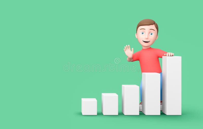Carattere di disegno 3d bambino appoggiato su un grafico a barre in crescita in verde con spazio di copia illustrazione vettoriale