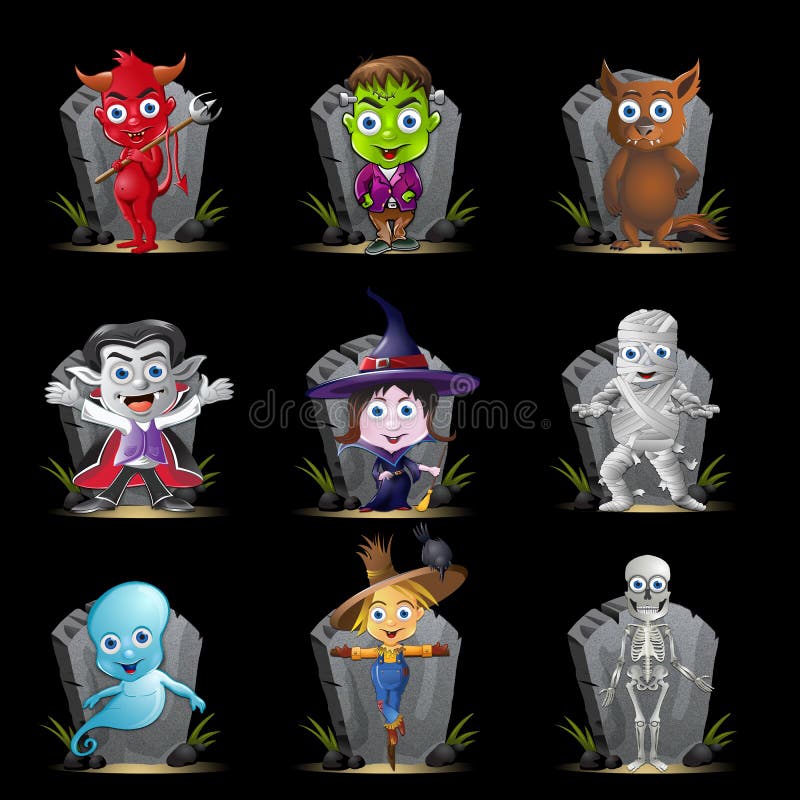 A set of nine Halloween characters in front of a tombstone. A set of nine Halloween characters in front of a tombstone.