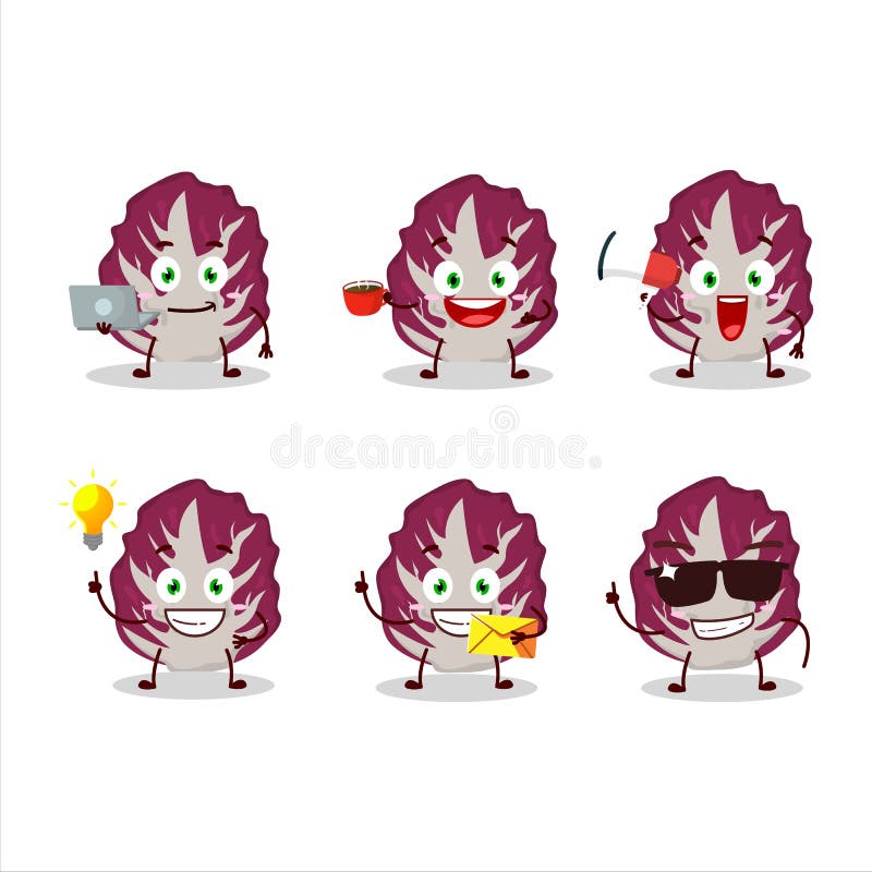 Carattere di vignetta di radicchio con vari tipi di emoticon per l'impresa illustrazione di stock