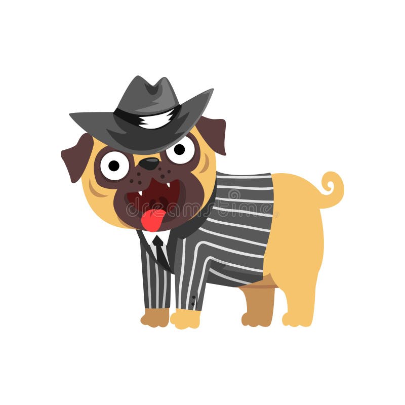 Carattere divertente del cane del carlino vestito come il signore, cane divertente nell'illustrazione black hat ed a strisce di v illustrazione di stock Carattere divertente del cane del carlino vestito come il signore, cane divertente nell'illustrazione black hat ed a strisce di v illustrazione di stock