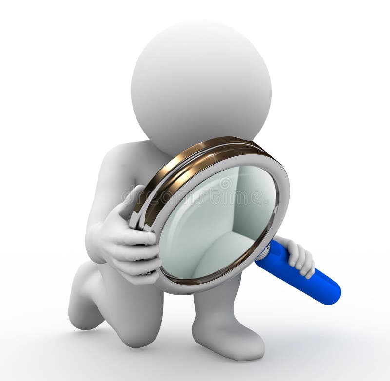 Rendering of character with magnifying glass. Rendering of character with magnifying glass