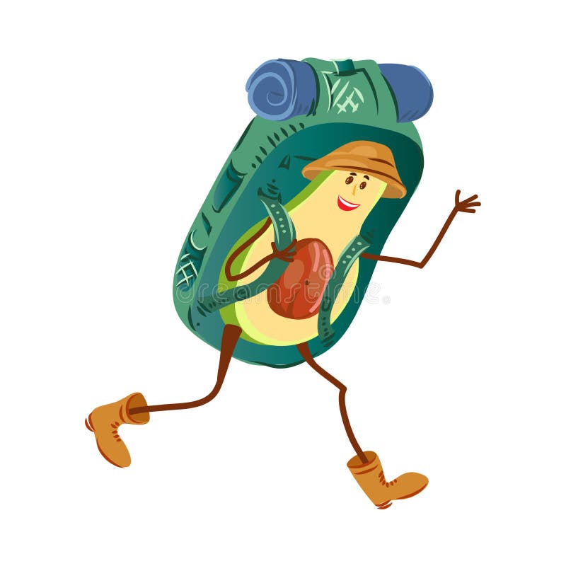 Carattere turistico dell'avocado con il cappello marrone ed il grande zaino illustrazione di stock Carattere turistico dell'avocado con il cappello marrone ed il grande zaino illustrazione di stock