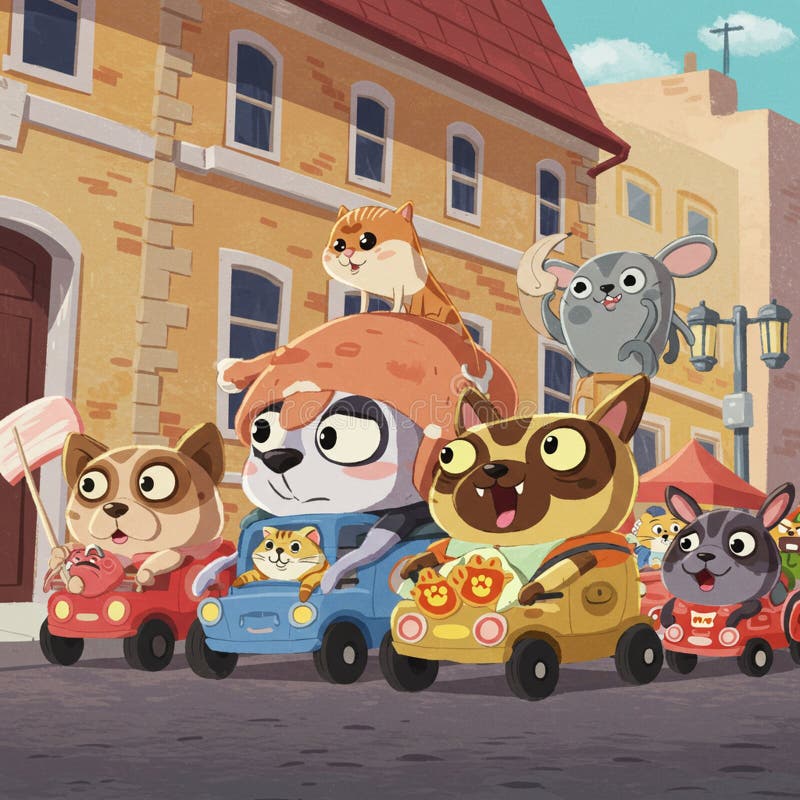 Caratteri animati, compresi i cani procioni e i gatti, che guidano macchine giocattolo colorate in un illustrazione vettoriale