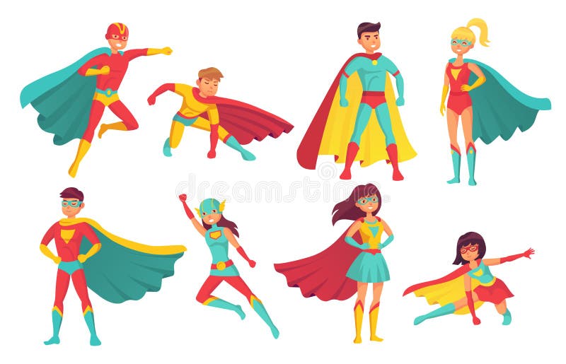Caratteri del supereroe del fumetto Supereroi femminili e maschii di volo con le superpotenze Superman e superdonna coraggiosi