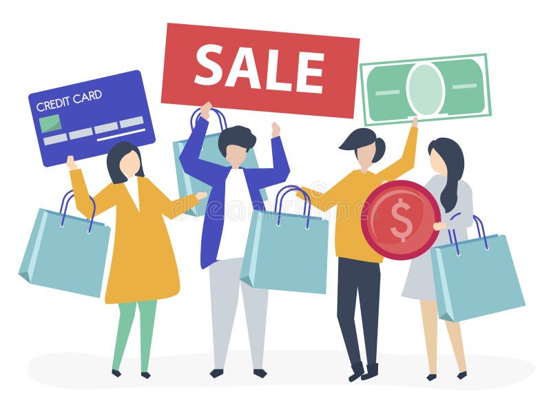 Caratteri della gente che tiene l'illustrazione delle icone di acquisto illustrazione vettoriale Caratteri della gente che tiene l'illustrazione delle icone di acquisto illustrazione vettoriale