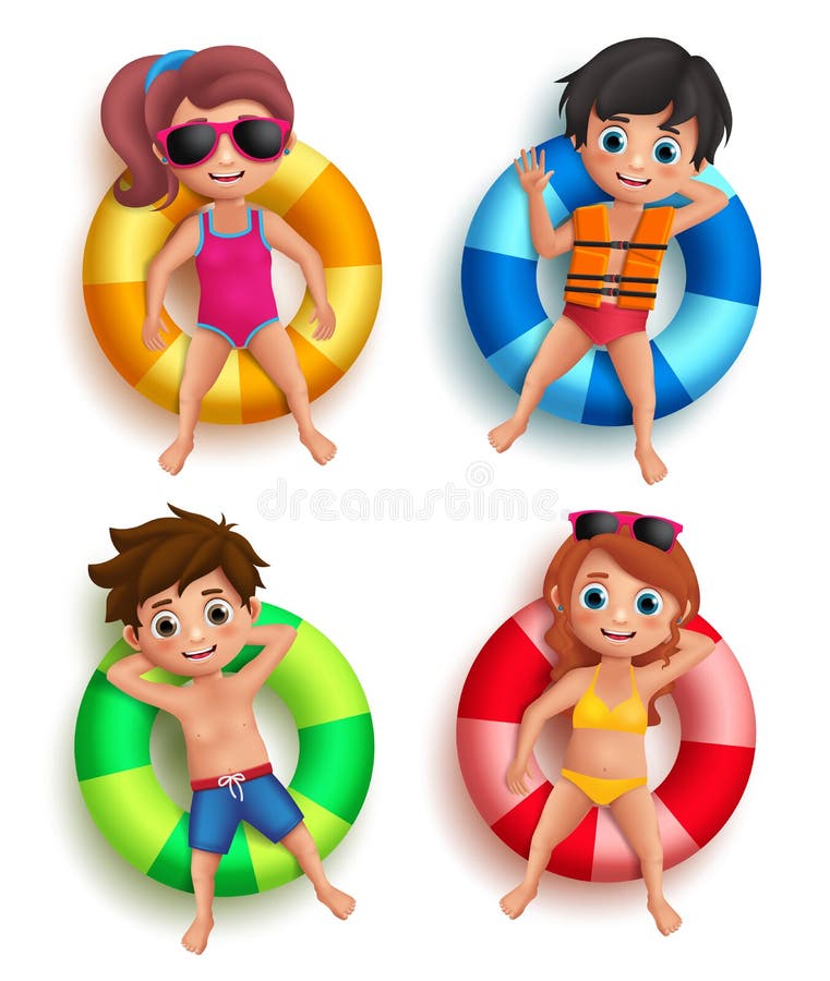 Caratteri di vettore dei bambini delle ragazze e dei ragazzi che galleggiano con il salvagente variopinto illustrazione vettoriale Caratteri di vettore dei bambini delle ragazze e dei ragazzi che galleggiano con il salvagente variopinto illustrazione vettoriale