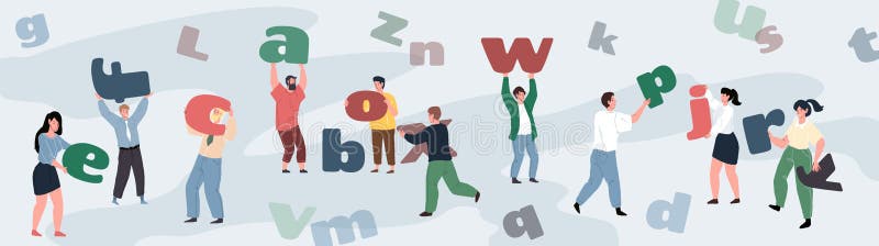 Caratteri di vignetta piatta con lettere alfabetiche, lavoro di squadra efficace e successo, ottenendo metafora illustrazione vett royalty illustrazione gratis
