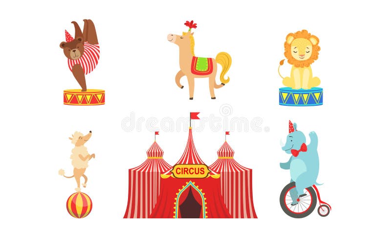 Caratteri Esperti Circo Set, Marquee, Circus Animals, Lion, Orso, Cavallo, Cane Poodle, Illustrazione Vettoriale Elefante illustrazione di stock Caratteri Esperti Circo Set, Marquee, Circus Animals, Lion, Orso, Cavallo, Cane Poodle, Illustrazione Vettoriale Elefante illustrazione di stock