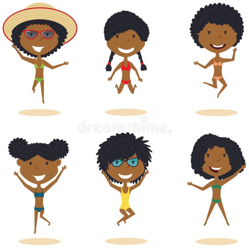Caratteri femminili africani-Amercian svegli che saltano sul vec della spiaggia royalty illustrazione gratis Caratteri femminili africani-Amercian svegli che saltano sul vec della spiaggia royalty illustrazione gratis