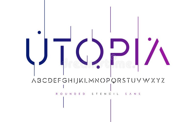 Caratteri tipografici con grazie arrotondati di san dello stampino, alfabeto, lettere maiuscole, typograp