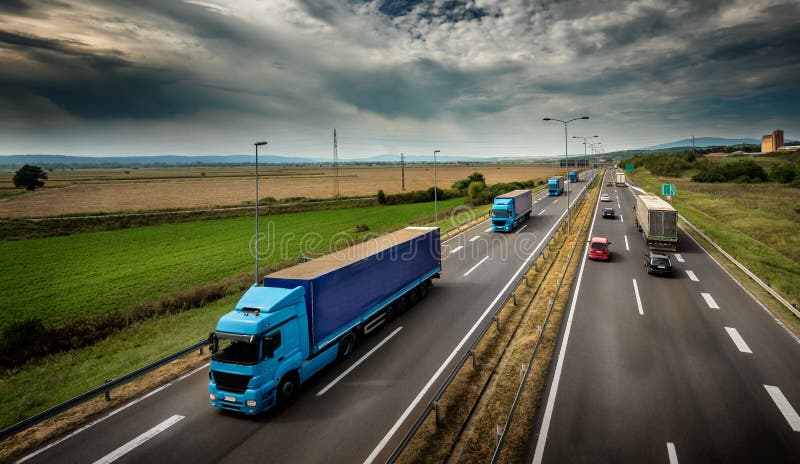 Caravan or convoy of Blue Lorry trucks on highway royalty free stock images Caravan or convoy of Blue Lorry trucks on highway royalty free stock images