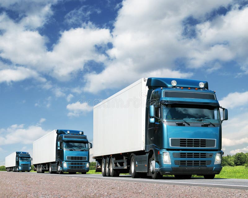 Caravan of trucks, cargo transportation concept