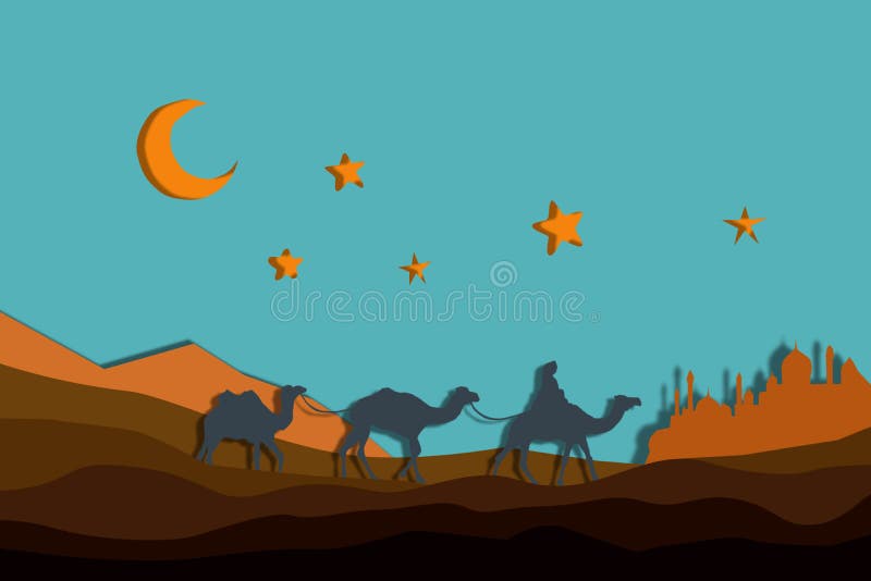 Caravane de nuit des chameaux parmi des sables sous le croissant