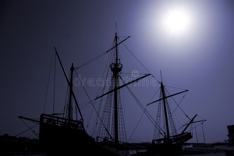 Silhouette of an old Portuguese caravel replica.