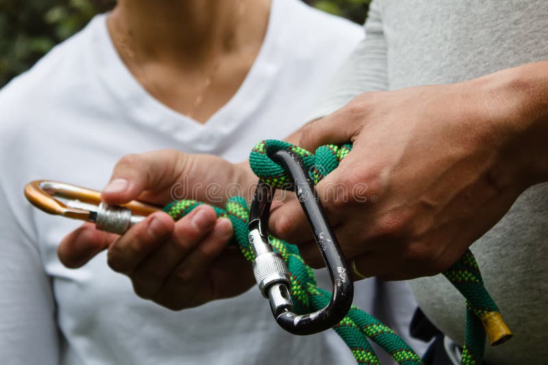 Carbines and Rope for Climbing in Hands Stock Photo Image of nature