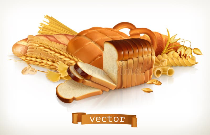 Carbohydrates. Bread, pasta, wheat and cereals. Vector illustration