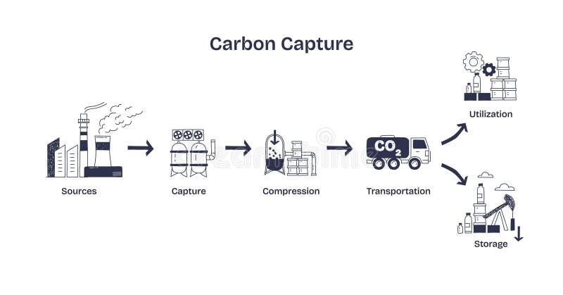 Carbon capture involves capturing CO2 from sources, compressing it, and... royalty free illustration