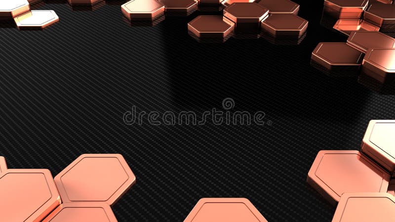 Carbon and copper metal hexagons background template. 3d Render vector illustration