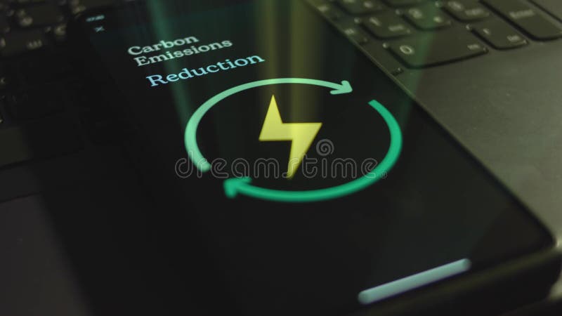 Carbon Emissions Reduction inscription on smartphone screen. Graphic presentation with Renewable Energy symbol on black