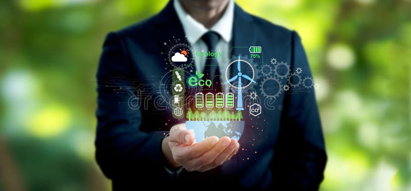 Carbon neutrality net zero. The hand of pollution and effective management with netzero symbols - renewable energy, reduced CO2 emissions, green production, and waste recycling with regard to business