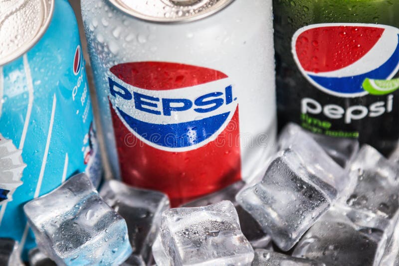 Carbonated Pepsi Drink in Different Packaging Design Times. Editorial