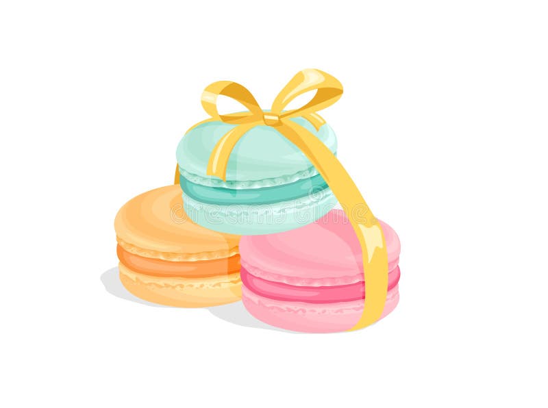 Carbone di macaroni colorati avvolto in nastro. Vettoriale raffigurazione piatta di torte dolci luminose