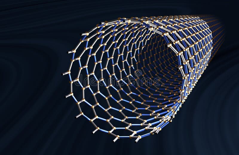 Carbonio diritto Nanotube, legami grigi e blu gialli degli atomi, fondo blu scuro illustrazione vettoriale Carbonio diritto Nanotube, legami grigi e blu gialli degli atomi, fondo blu scuro illustrazione vettoriale