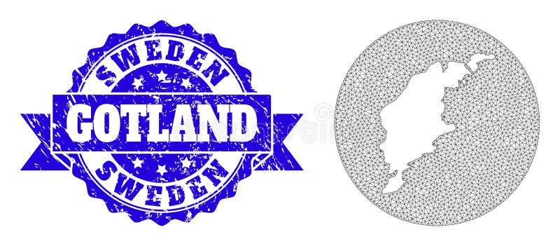 Carcass Mesh Round Subtracted Map of Gotland Island with Grunge Stamp Seal vector illustration