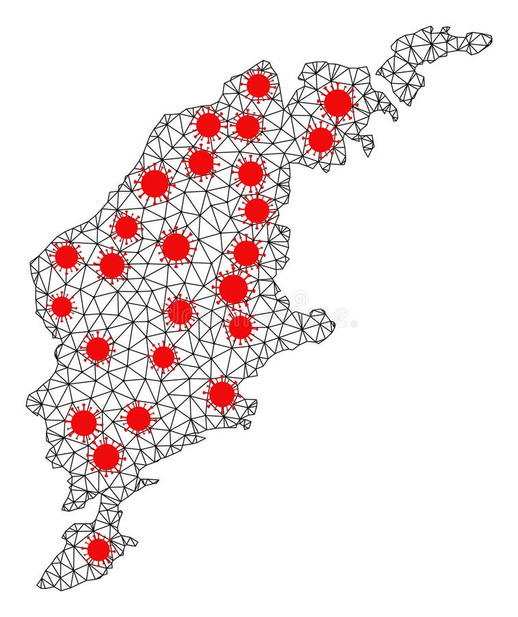 Carcass Polygonal Map of Gotland Island with Red Infection Centers vector illustration