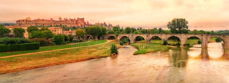 Panoramic view of historical medieval city of Carcassonne, France. Panoramic view of historical medieval city of Carcassonne, France