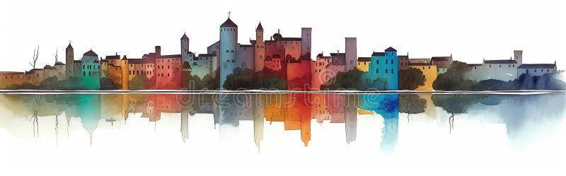 Carcassonne skyline narzuciła minimalistyczną refleksję nad rzeką ai generative. Karcassonne skyline otoczył minimalistyczną refleksją nad wizerunkiem genetycznym rzeki ai