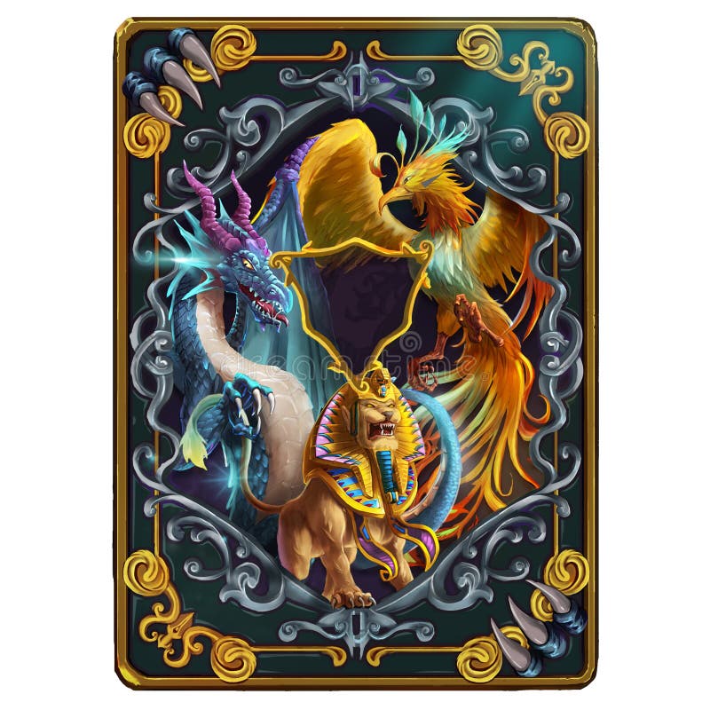 The Card Back Design about Mystery Mythical Creatures from Middle Ages and Medieval. Dragon, Phoenix and Sphinx stock illustration The Card Back Design about Mystery Mythical Creatures from Middle Ages and Medieval. Dragon, Phoenix and Sphinx stock illustration