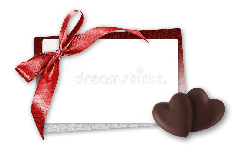 Card cadou de o zi Valentin cu inimă de ciocolată în formă de ciocolată cu panglică roșie strălucitoare și un bilet alb pentru spa stock images