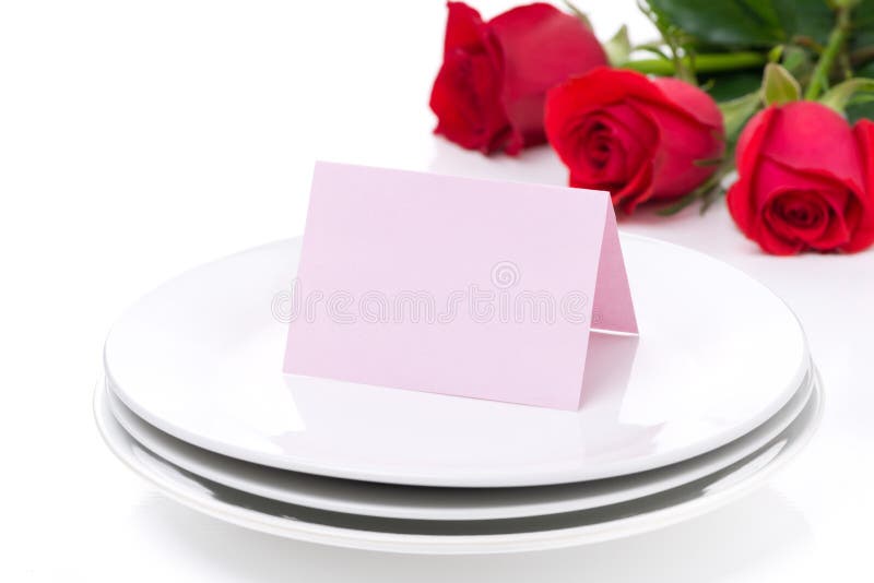 Card for congratulation on a plate and roses for Valentine s Day