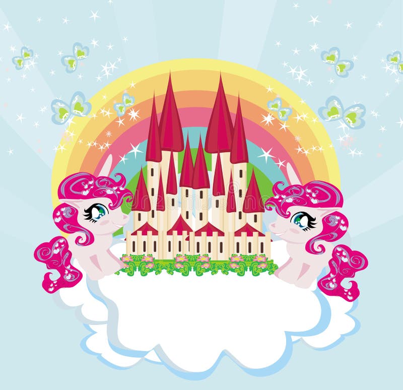 Card with a Cute Unicorns Rainbow and Fairy-tale Princess Castle Stock ...