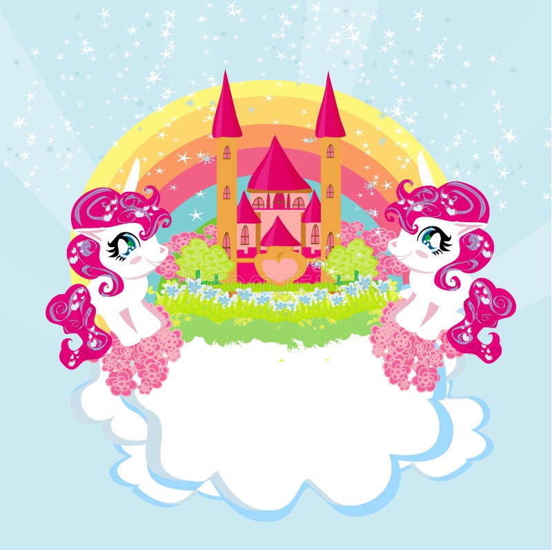 Card with a Cute Unicorns Rainbow and Princess Castle Stock Vector ...