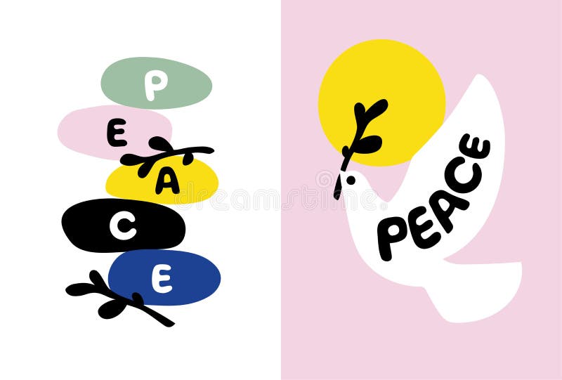 Card de zi a păcii cu pietre echilibrate și dove care țin o ramură royalty free illustration