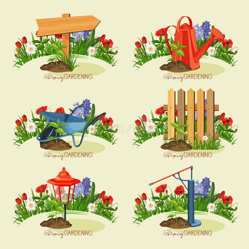 Card Gardener Set Spring Gardening Stock Vector Illustration