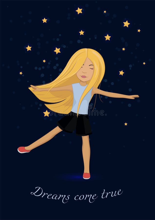 Card with Girl and Stars Dreams Come True Stock Vector Illustration
