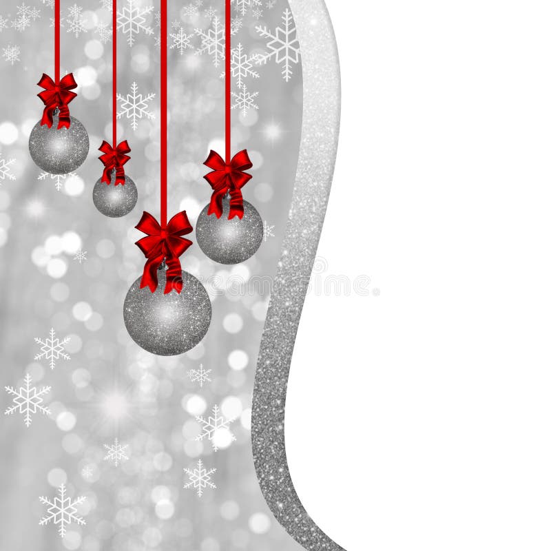 Card with glittering Christmas baubles and red decorations on silver background